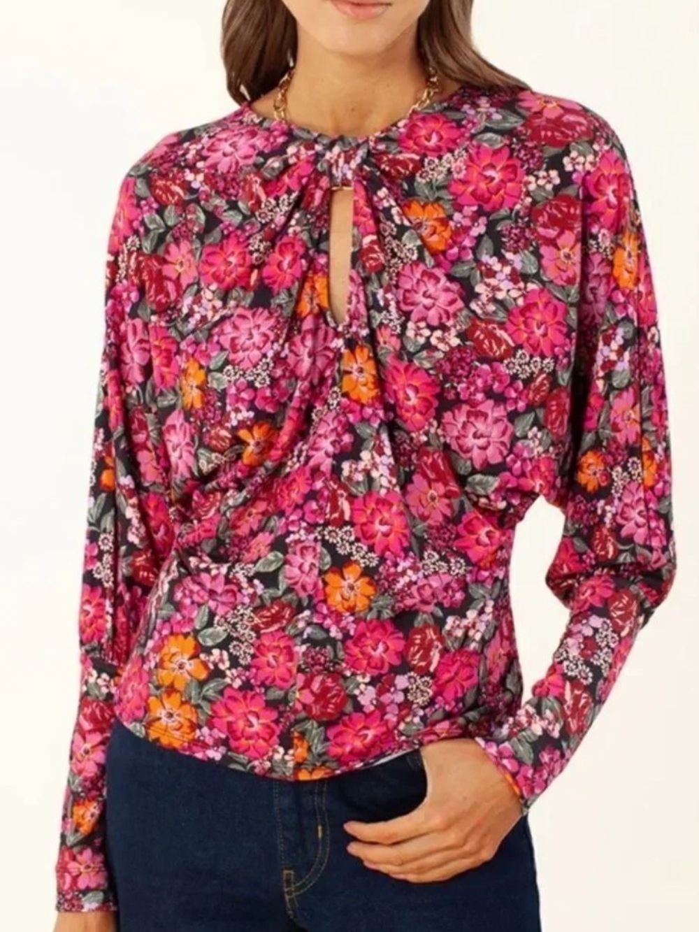 Hale Bob Twist Neck Keyhole Long-Sleeve Blouse